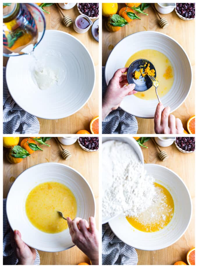 Four images showing how to mix cranberry orange sourdough bread.