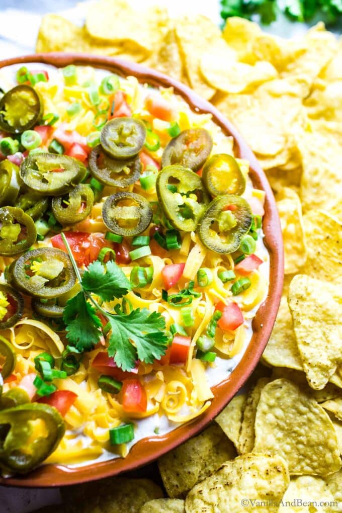 5 layer bean dip n a plate garnished with jalapenos and cilantro, surrounded by tortilla chips.