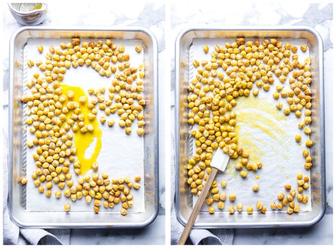 Two pictures of chickpeas being mixed with oil and seasonings.