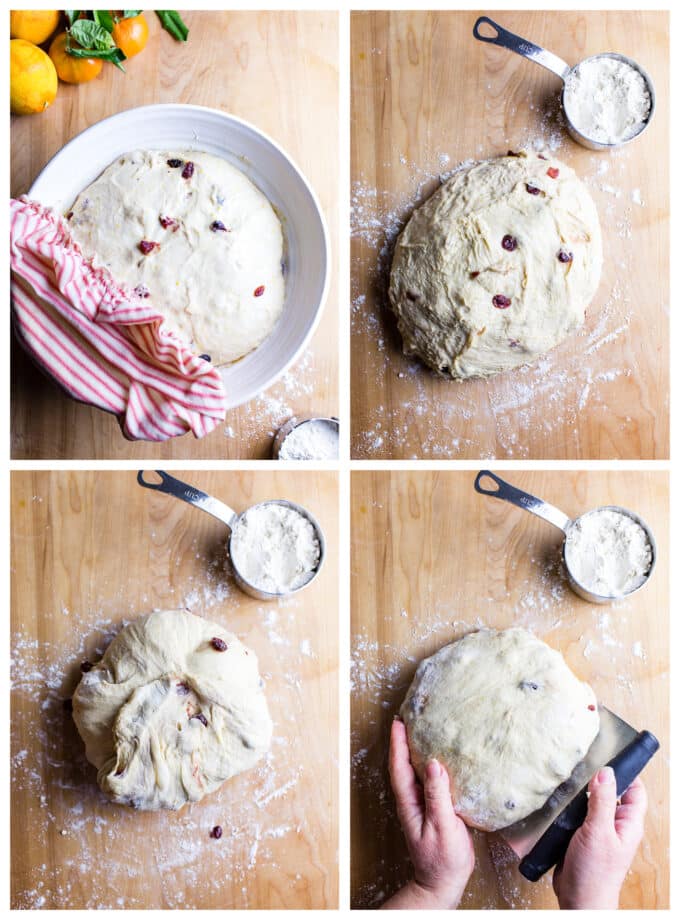 Four images showing how the cranberry orange sourdough is shaped.