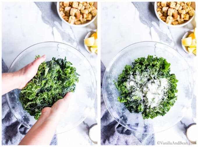 Massaging the kale in a bowl. Grated Parmesan cheese added to the massaged vegetarian kale caesar salad.