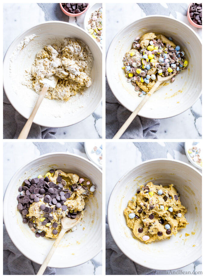 Four images of mini egg cookie dough in a bowl being mixed with Cadbury mini eggs and dark chocolate chips.