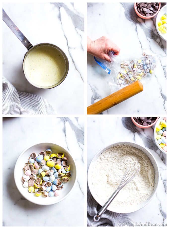 Four images of prepping for making mini egg easter cookies: melted butter, breaking the Cadbury mini eggs and mixing the dry ingredients.