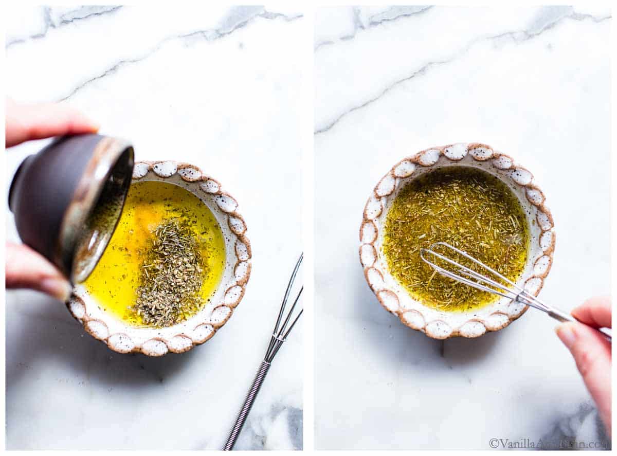 Pouring oil into a bowl of dried herbs and mixing the dried herbs and oil with a small whisk.