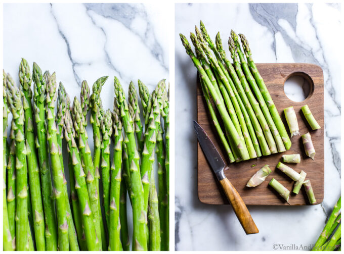 1. fresh asparagus. 2. fresh asparagus on a cutting board with ends trimmed.