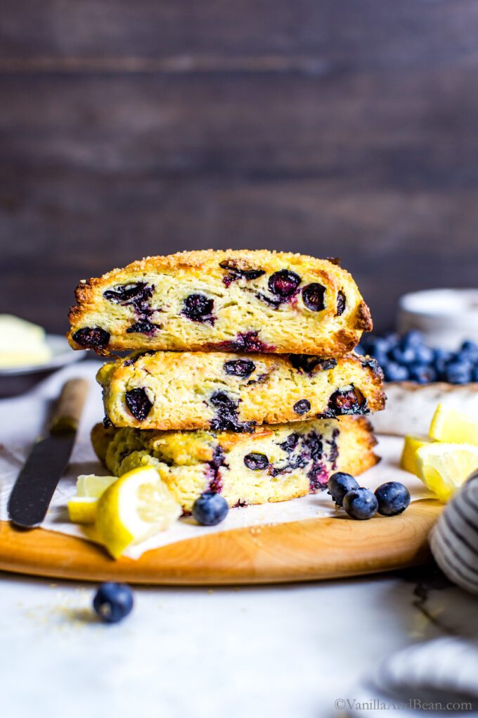 Stacked blueberry sourdough scones.