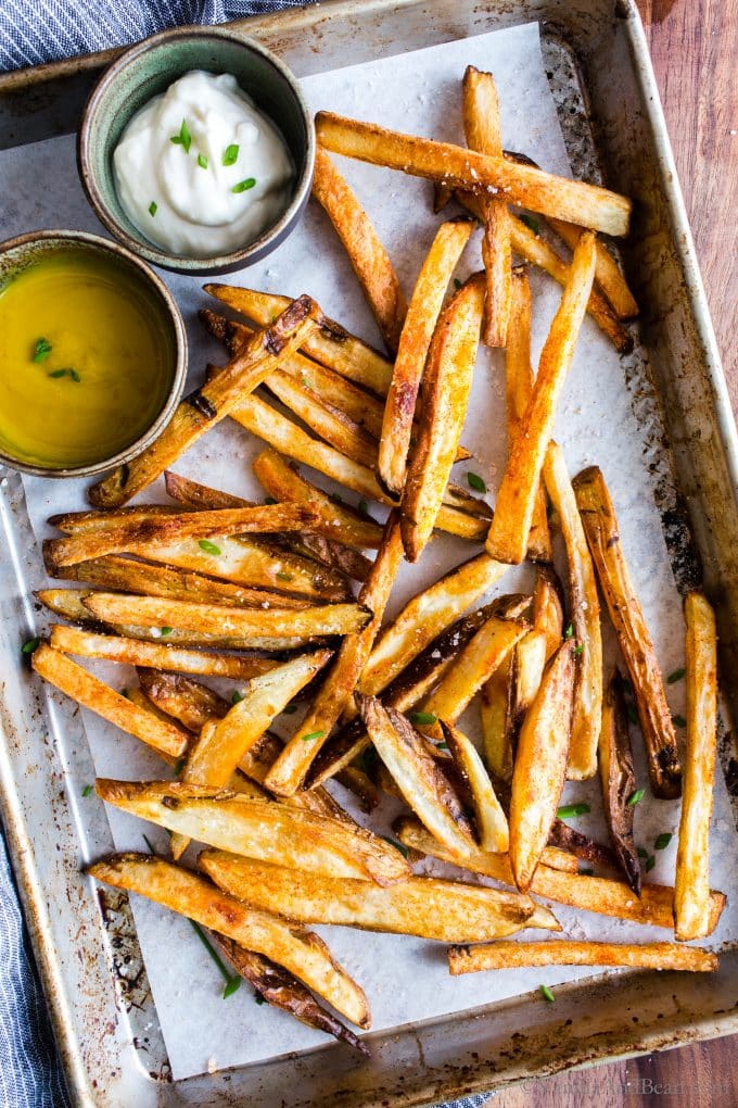 French fries with a side of jalapeno aioli dip.