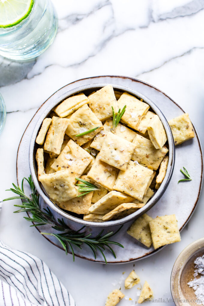 Olive oil sourdough crackers with rosemary.