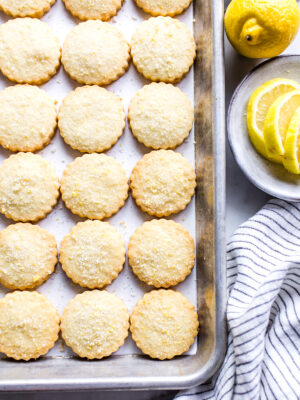 Baked Lemon Shortbread Cookies on a sheet pan.