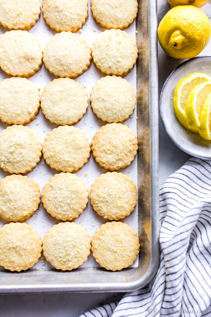 Baked Lemon Shortbread Cookies on a sheet pan.