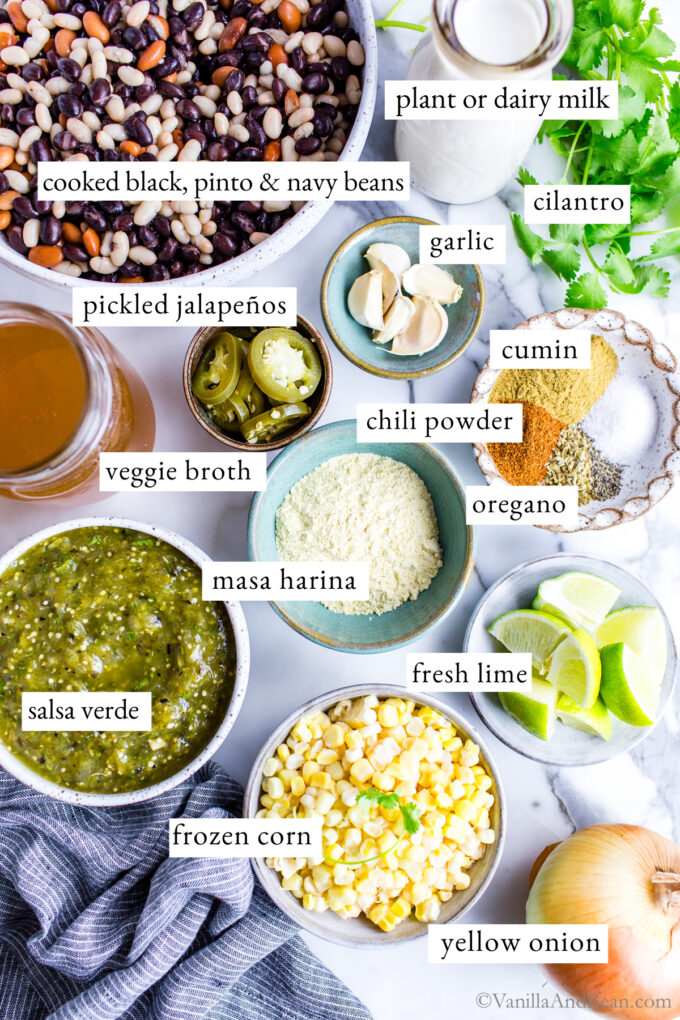 Ingredients for vegetarian white bean chili or vegan white bean chili.