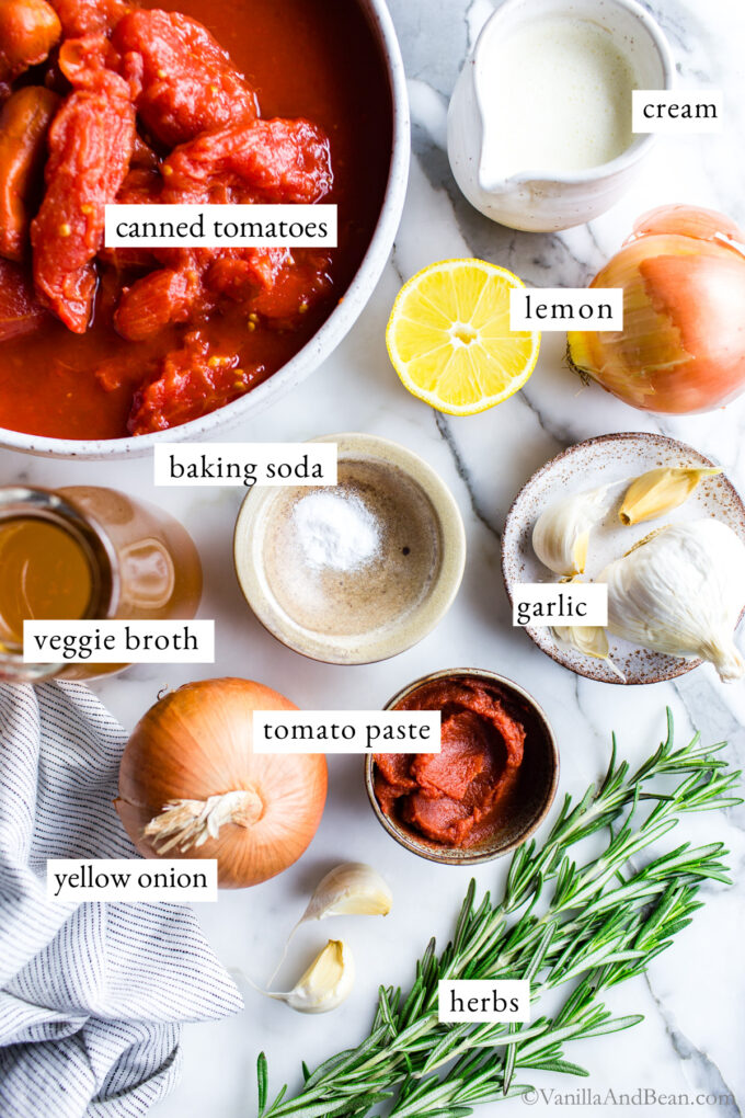 Ingredients for homemade tomato soup from canned tomatoes.