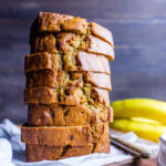 Sourdough discard banana bread sliced and stacked tall.