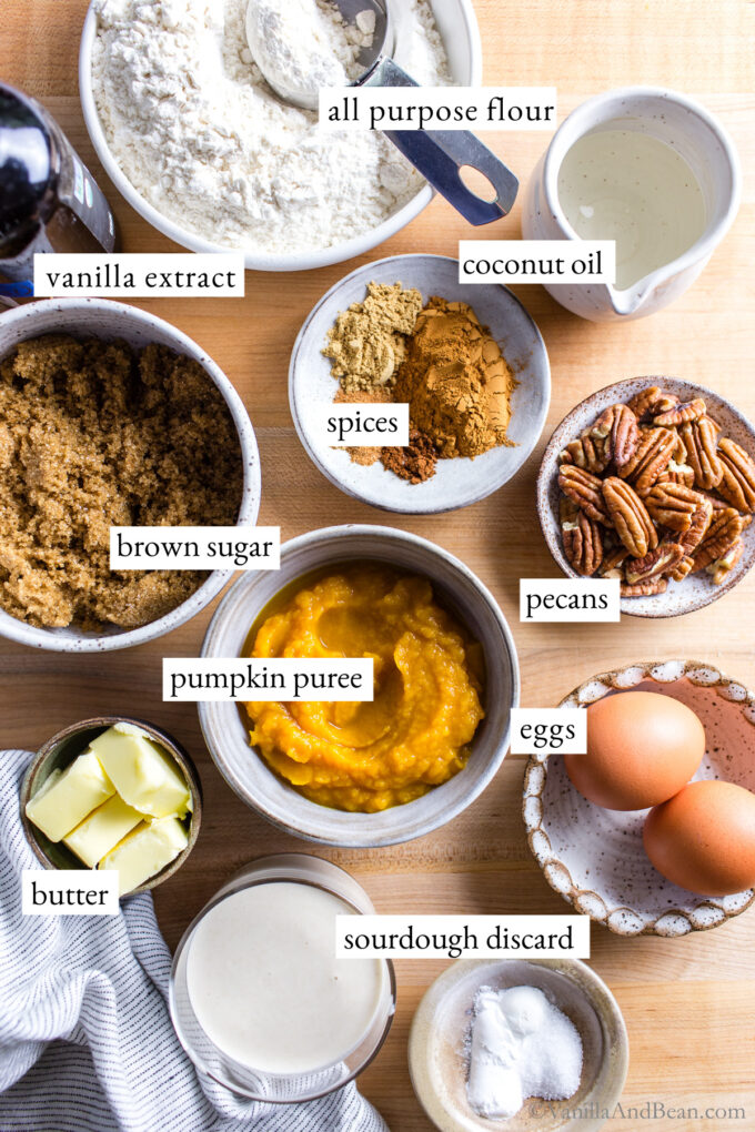 Ingredients for pumpkin sourdough discard muffins.
