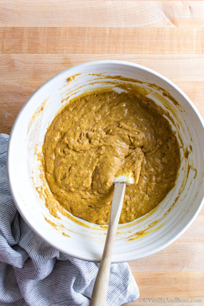 Mixed sourdough discard pumpkin muffins batter in a bowl.