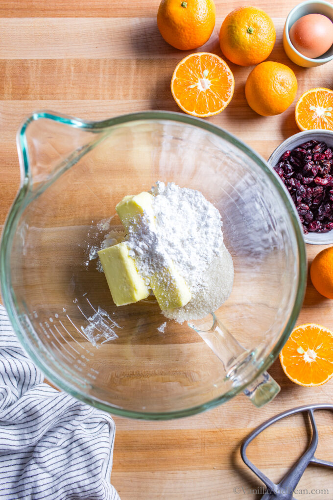 Butter and sugar in a stand mixer bowl.