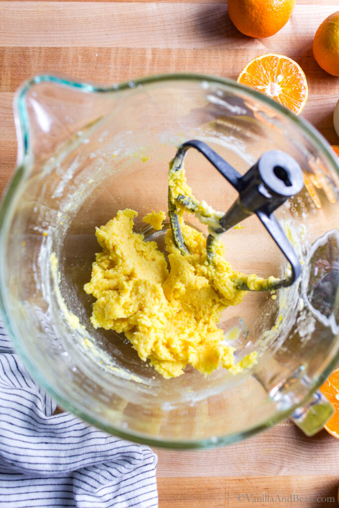 Mixed butter and sugar in a stand mixer bowl.