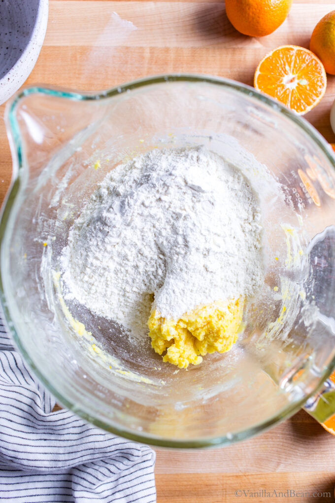 Dry ingredients added to the butter ingredients.