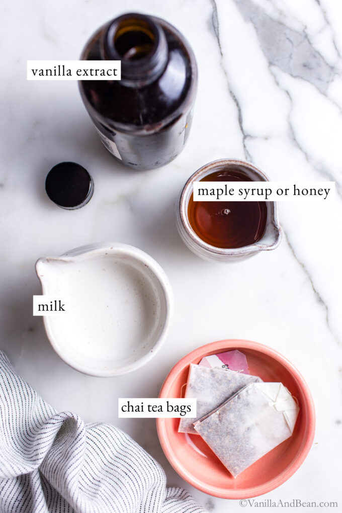 Ingredients for chai tea latte with tea bags.