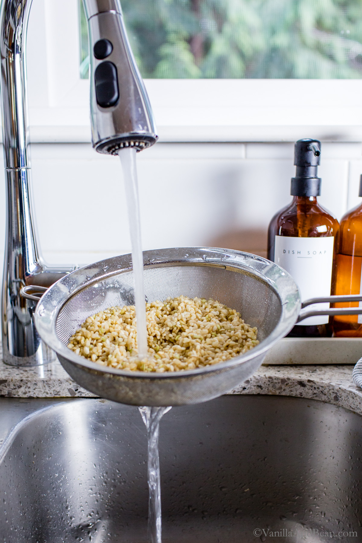 Dry brown rice rinsed under running water in a sieve.