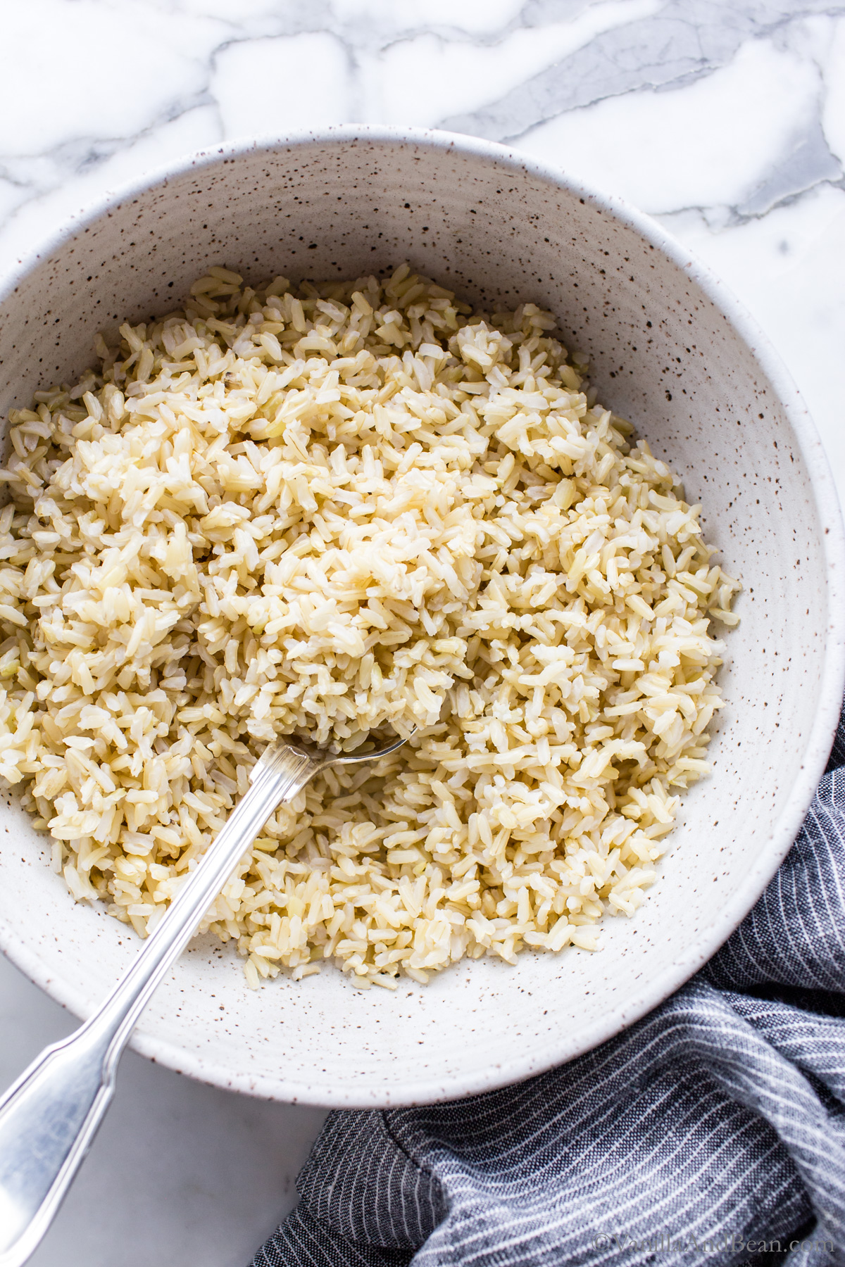 Long grain brown rice in a bowl with a spoon