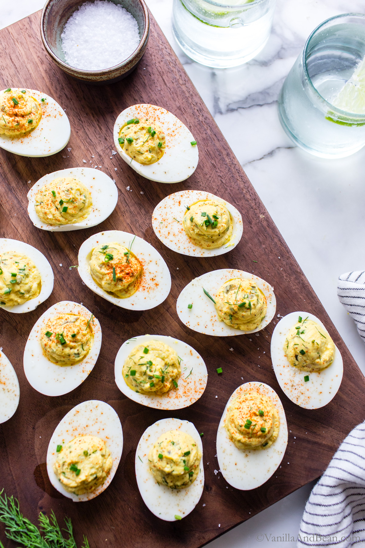 Dill Pickle Deviled Eggs on a serving platter.
