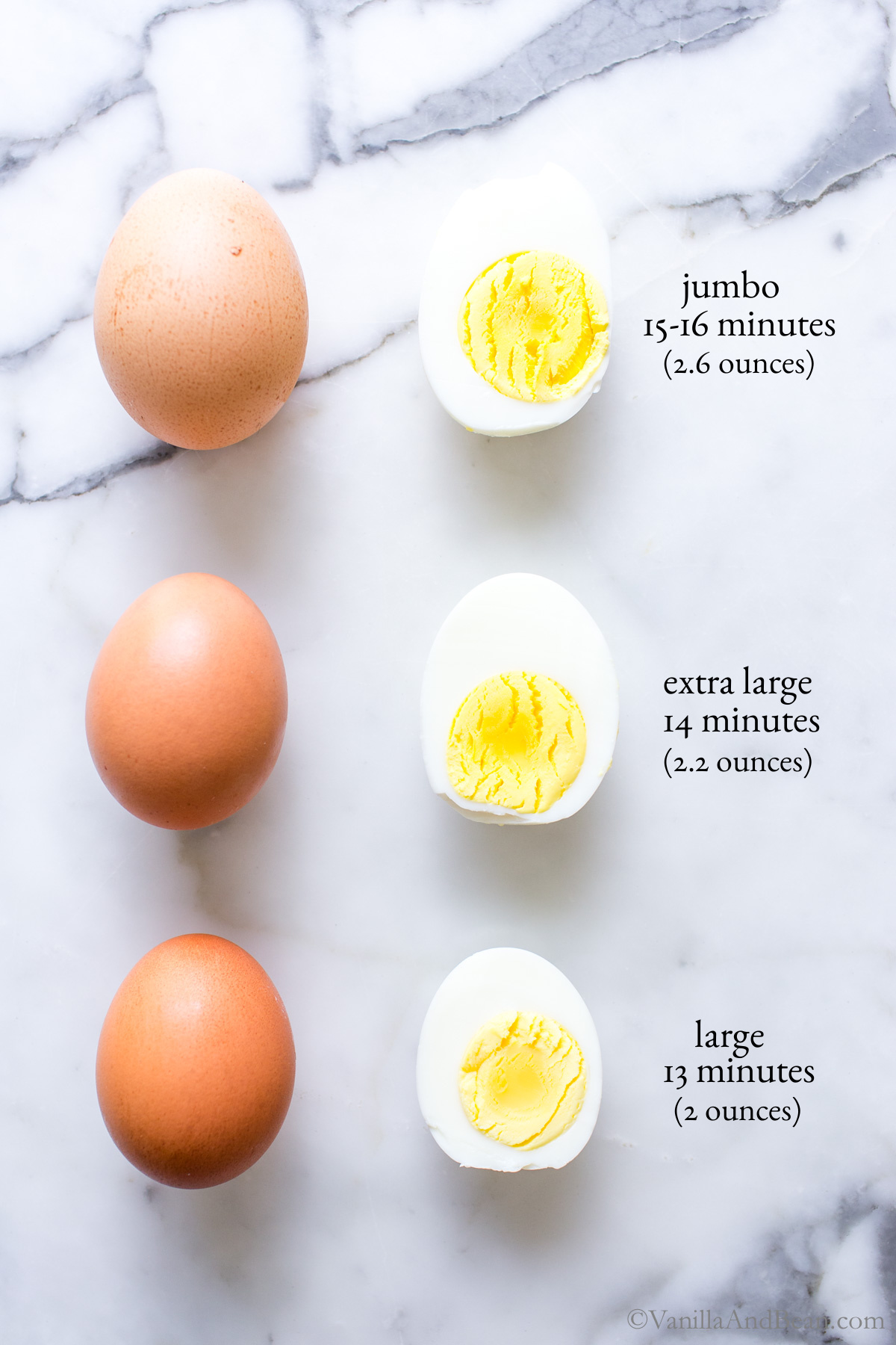 Image of three sizes of eggs, whole egg and hard cooked half egg with type of egg, steam time and weight.