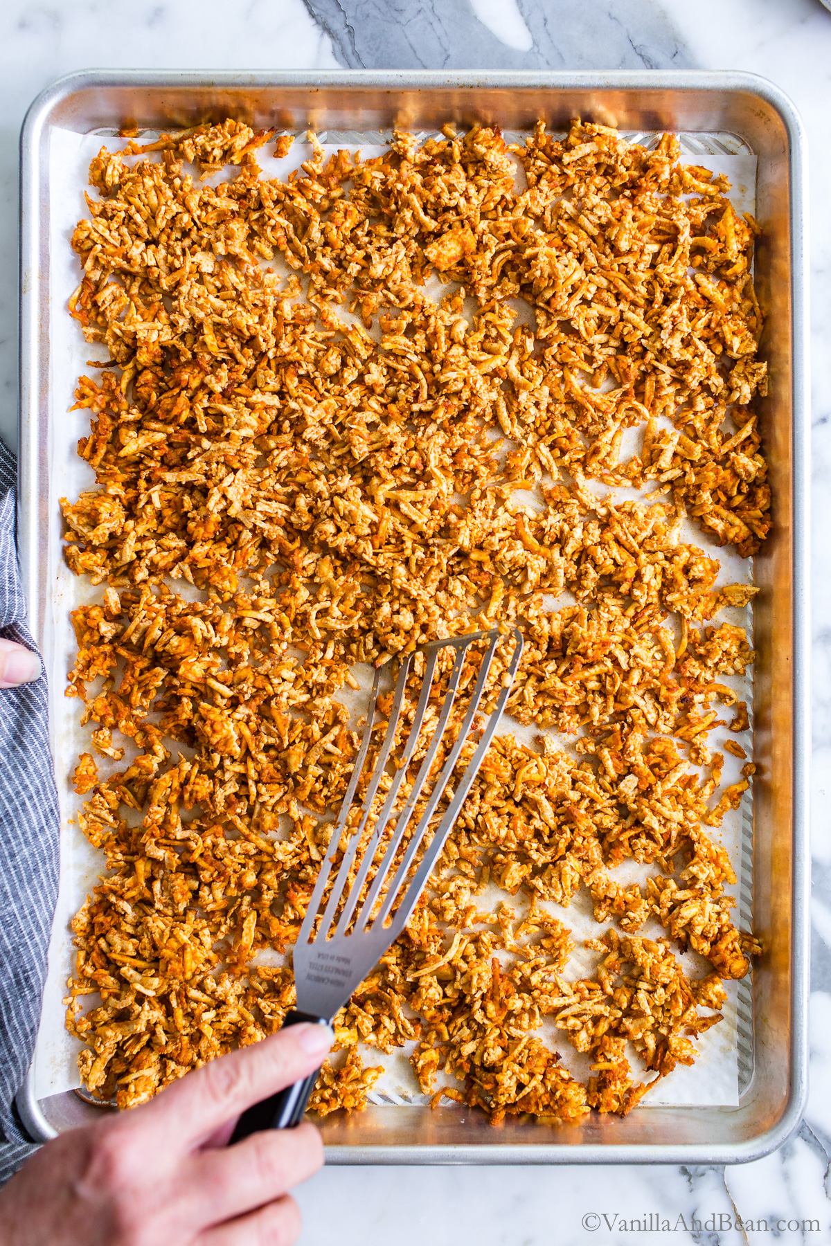 Baked Tex Mex Shredded Tofu on a sheet pan.