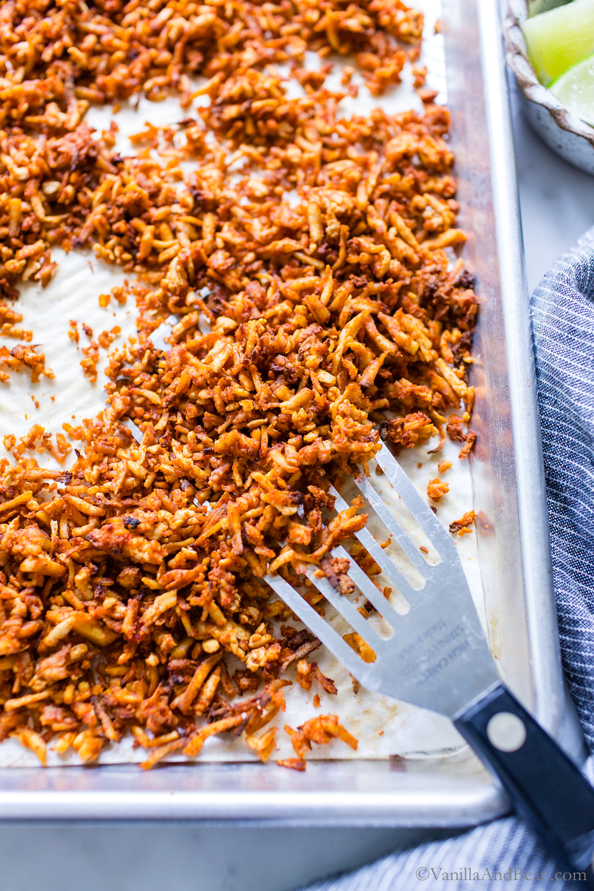 Baked Tex Mex Shredded Tofu on a sheet pan.