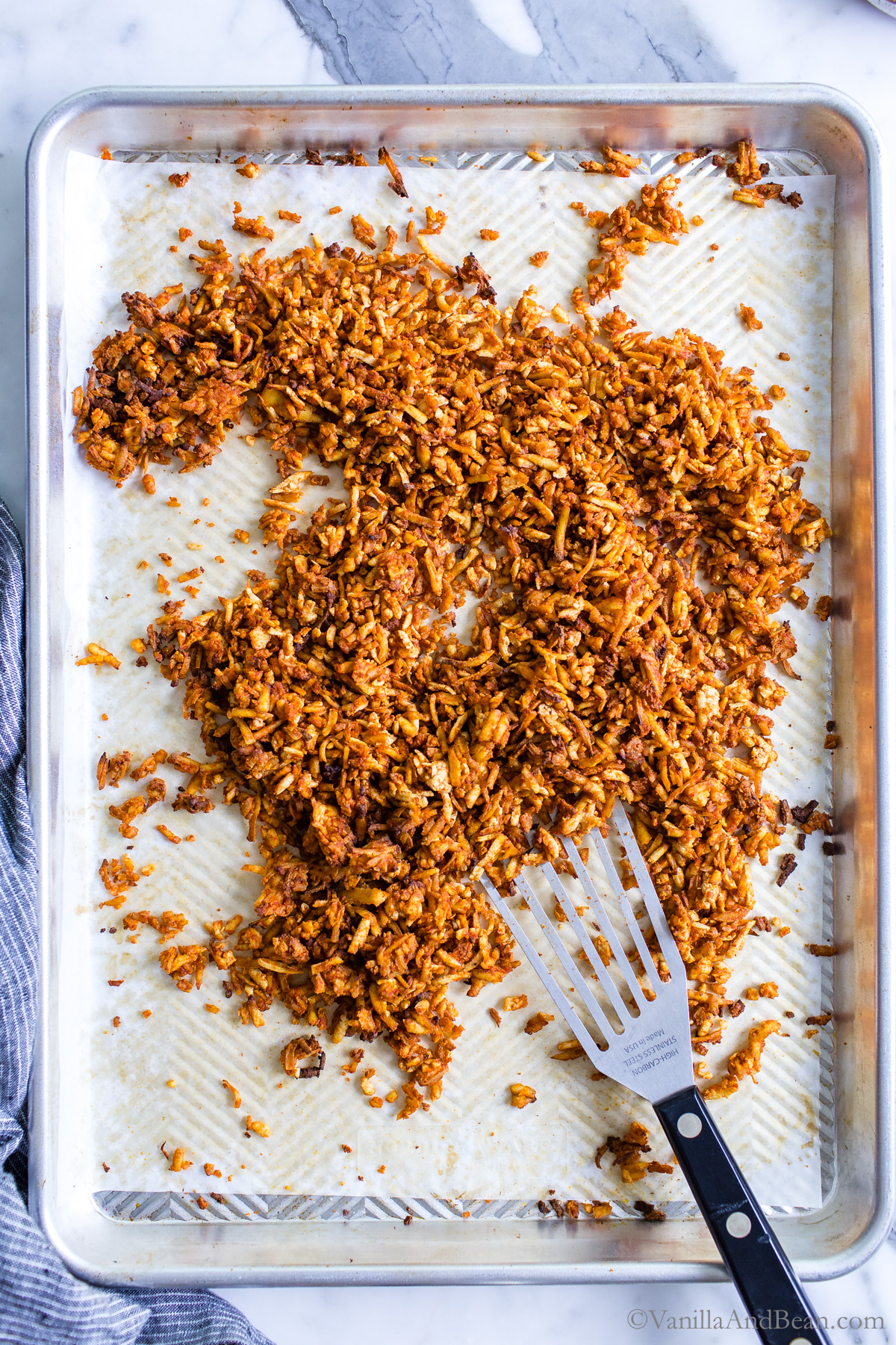 Baked Tex Mex Shredded Tofu on a sheet pan.