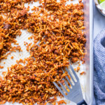 Baked Tex Mex Shredded Tofu on a sheet pan.