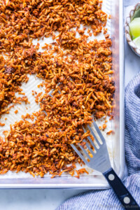 Baked Tex Mex Shredded Tofu on a sheet pan.
