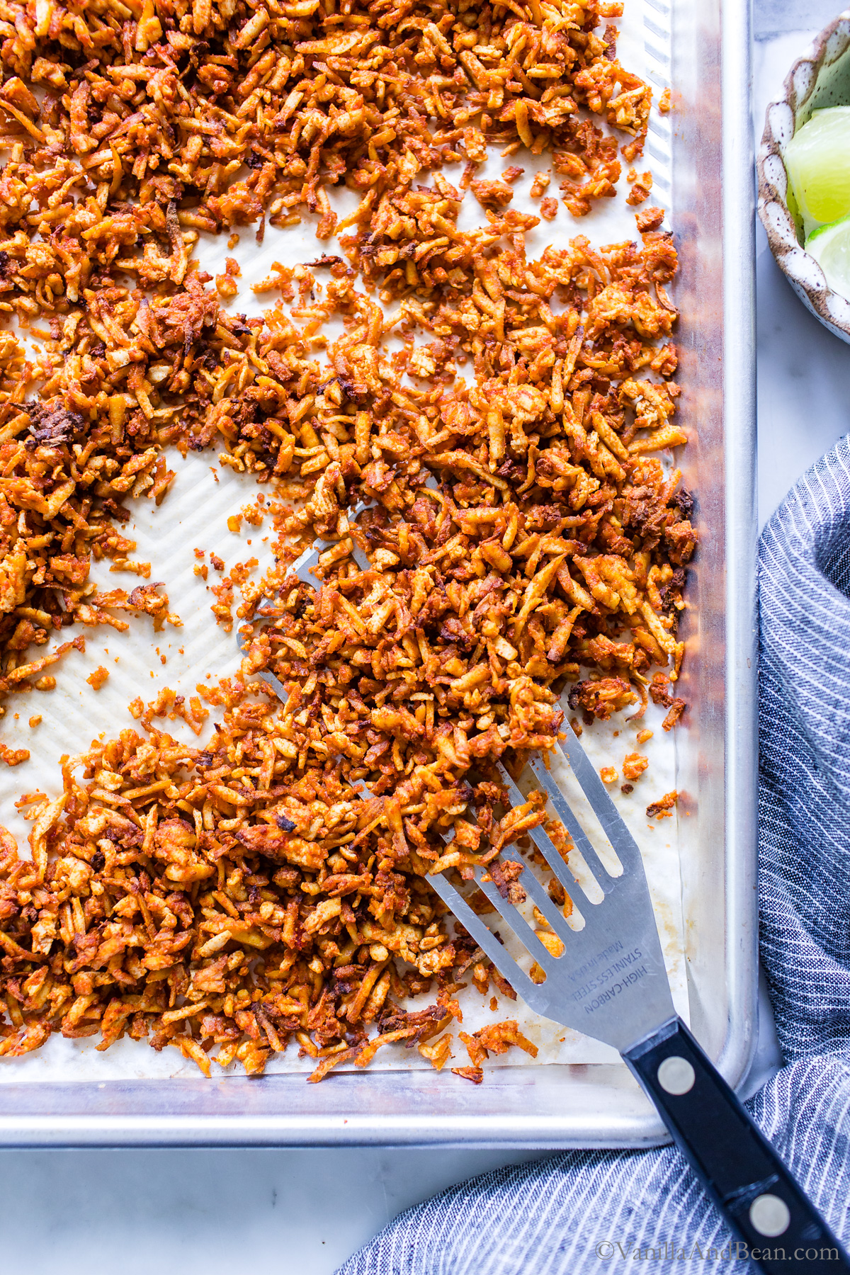 Baked Tex Mex Shredded Tofu on a sheet pan.