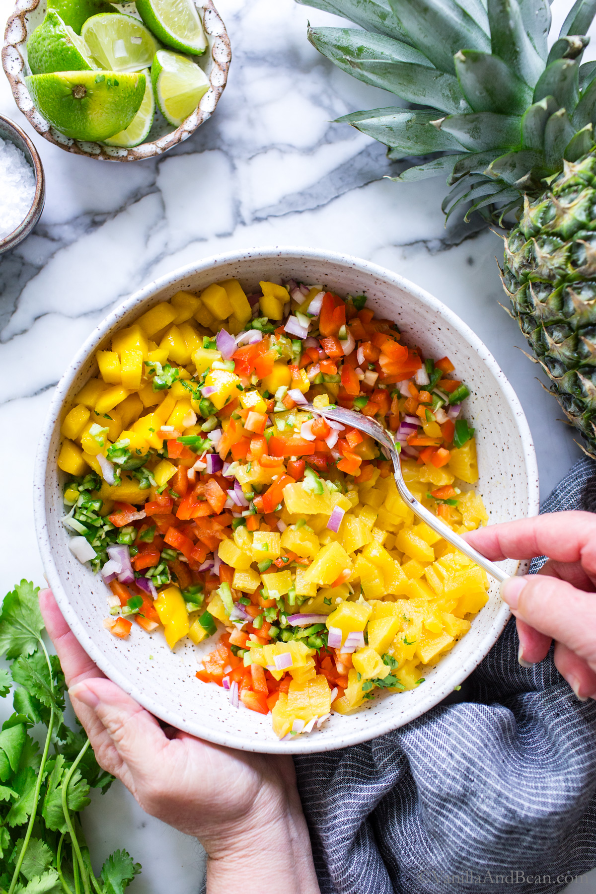 Stirring Mango Pineapple Salsa ingredients in a bowl.