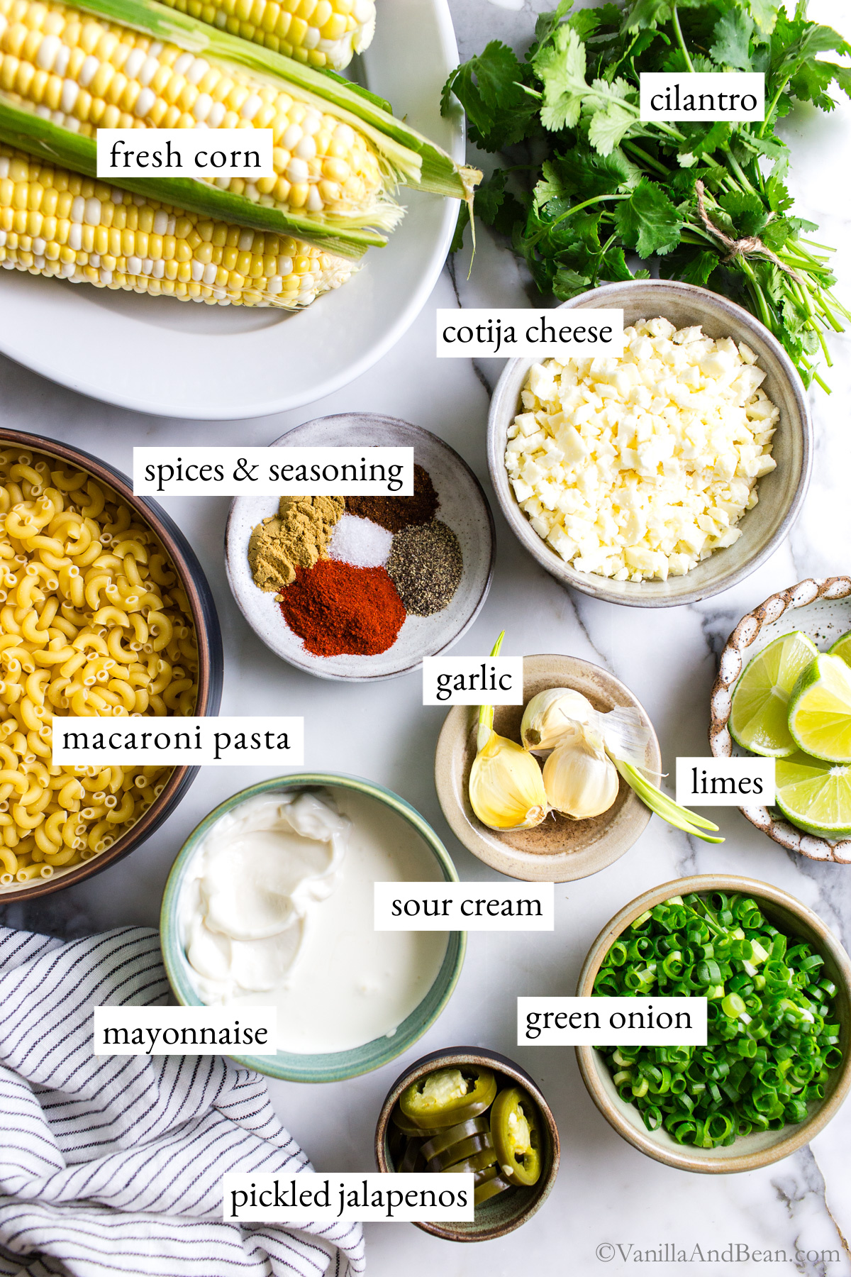 Mexican street corn pasta salad labeled ingredients.