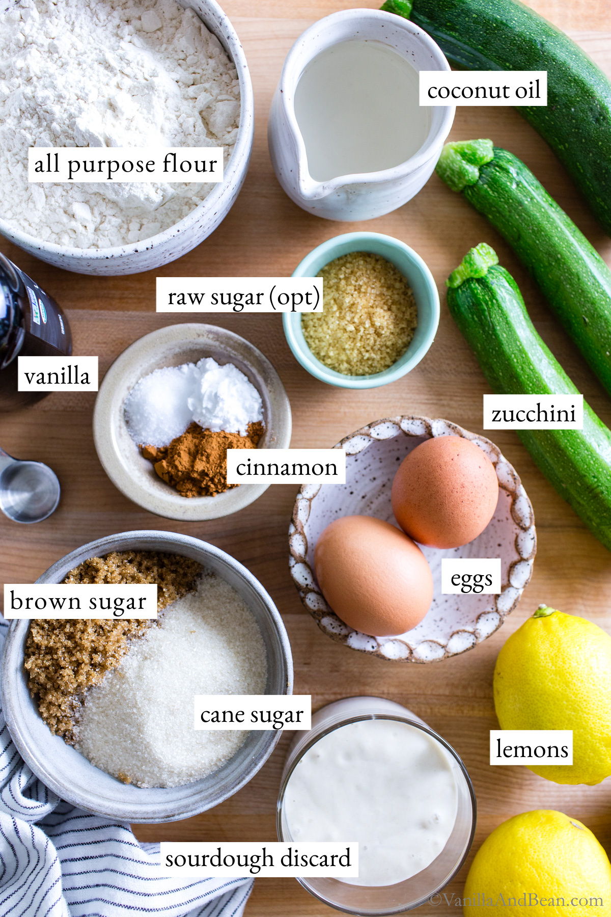 Sourdough zucchini bread ingredients.