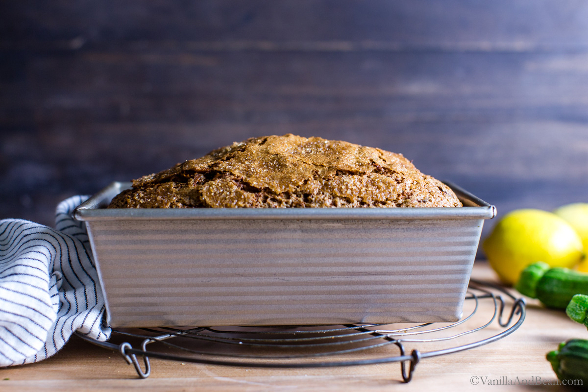 Baked sourdough discard zuccini bread in a pan.