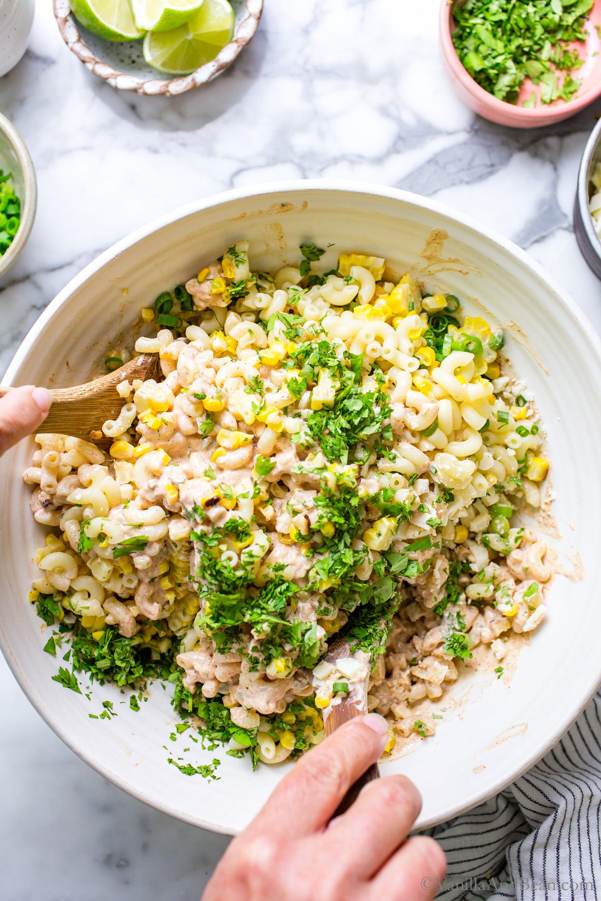 Mexican street corn pasta salad tossed in a bowl ready for sharing.