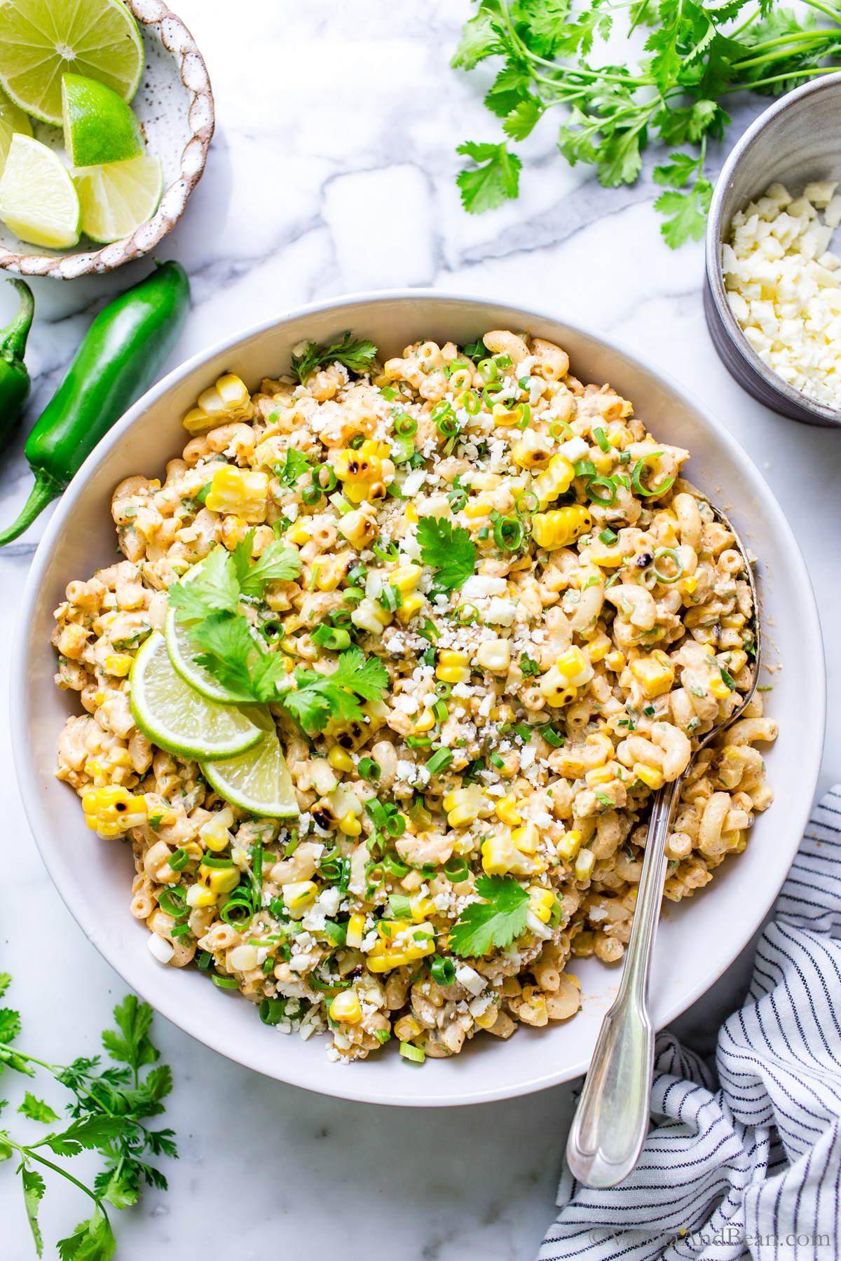 Mexican street corn pasta salad in a bowl ready for sharing.