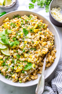 Mexican street corn pasta salad in a bowl ready for sharing.