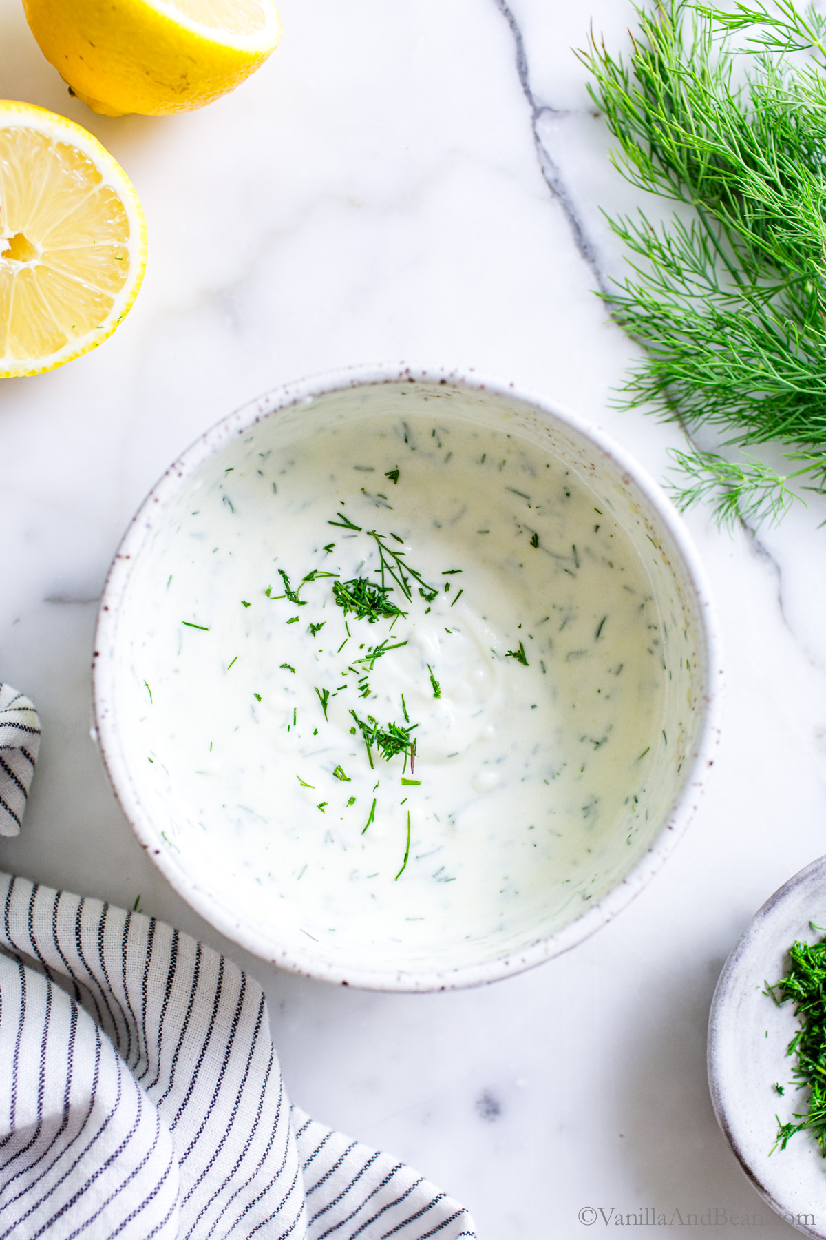 Yogurt and Dill Sauce or Dip in a bowl.