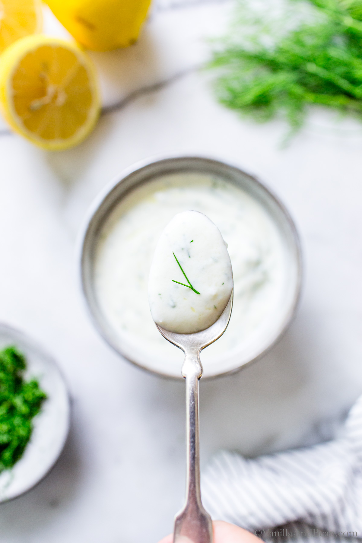 Yogurt and Dill Sauce on a spoon.
