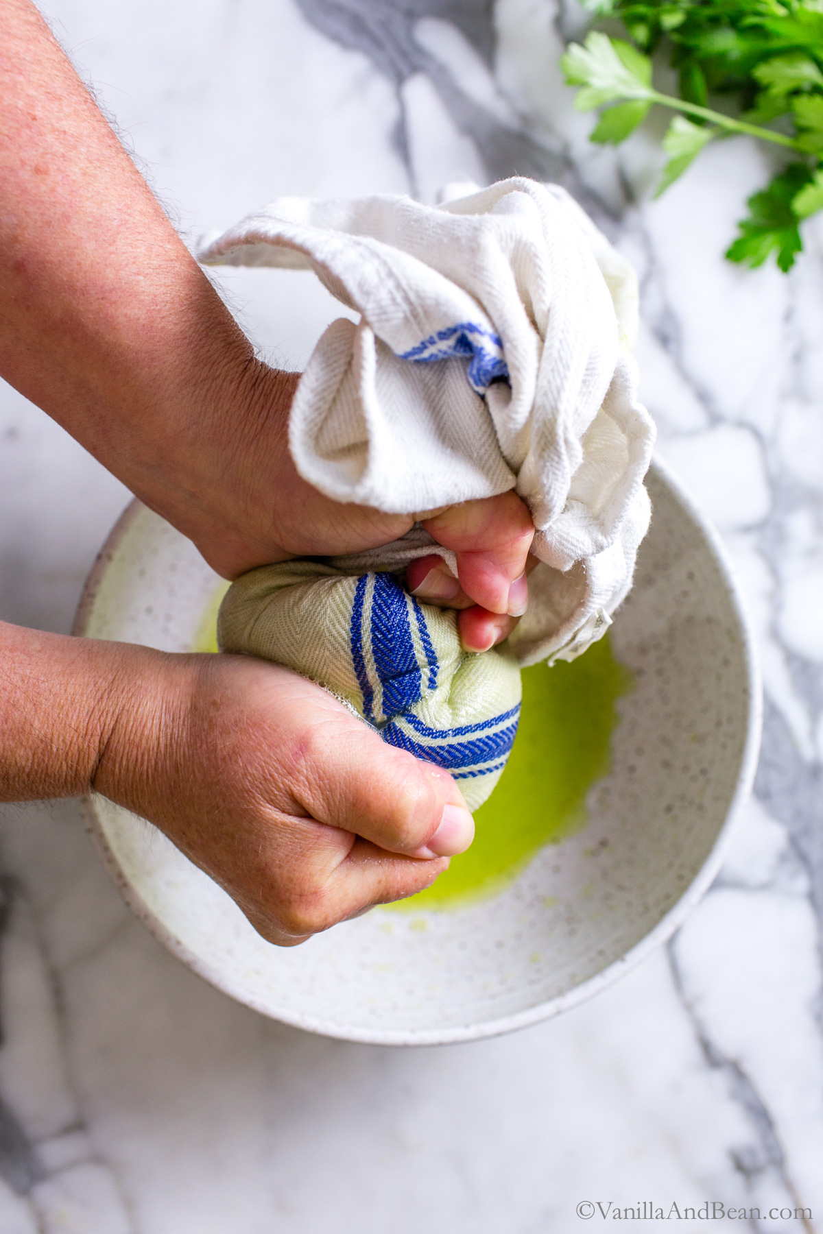 Squeezing shredded zucchini in a tea towel into a bowl.