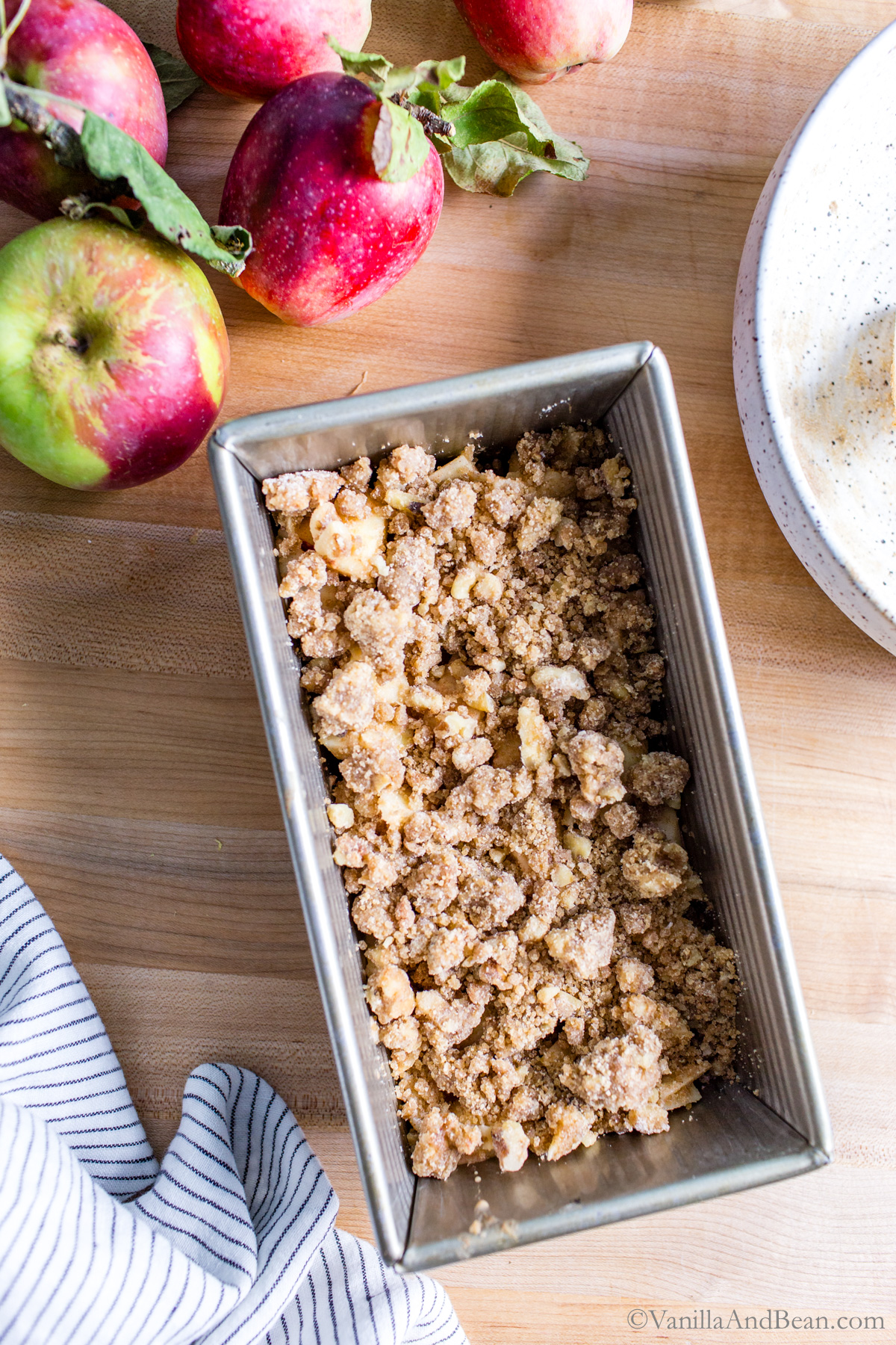 Assembled apple crisp before baking.