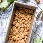 Small batch apple crisp baked in a loaf pan (no oats).