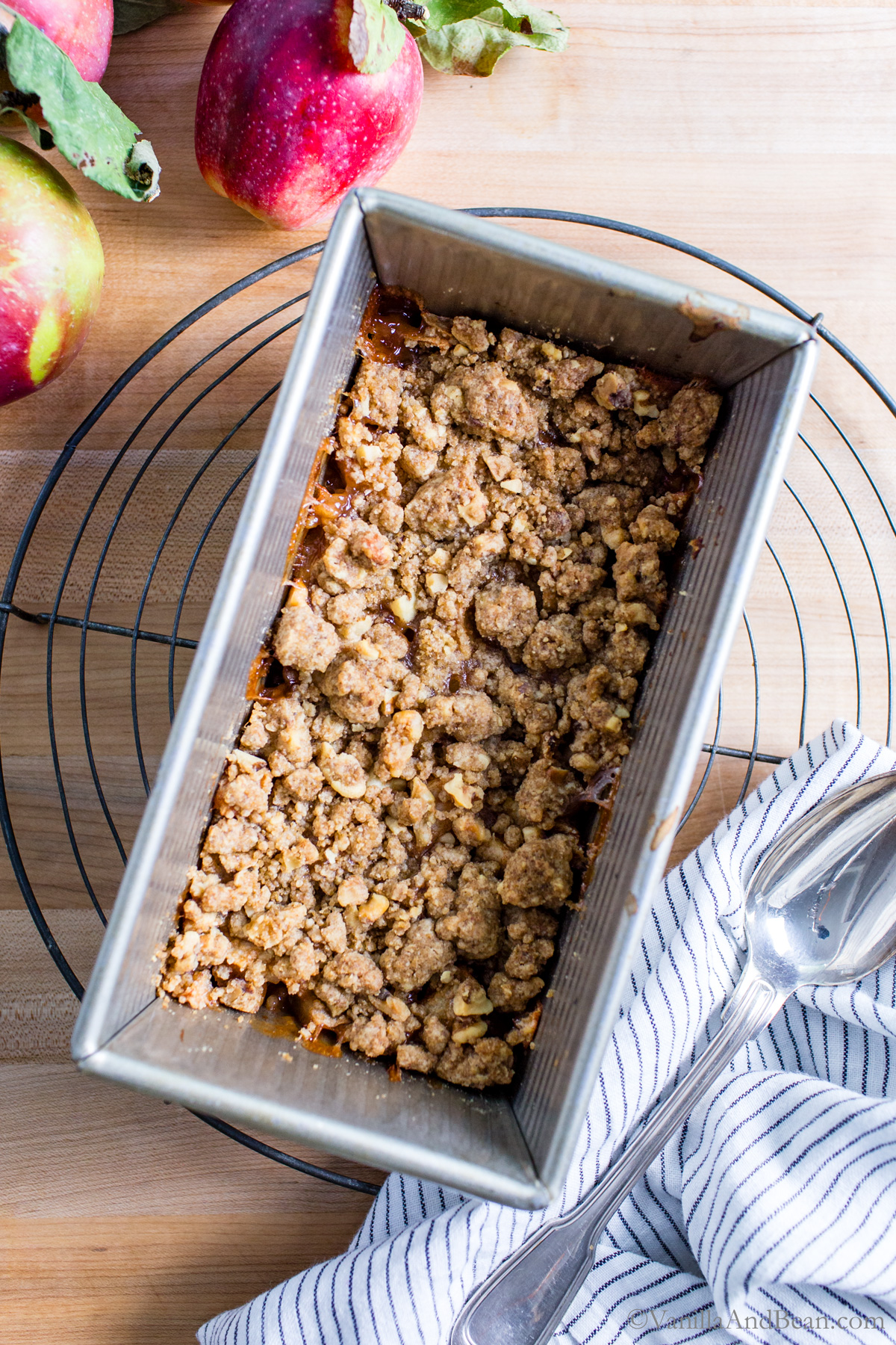 Baked small batch apple crisp in a loaf pan.