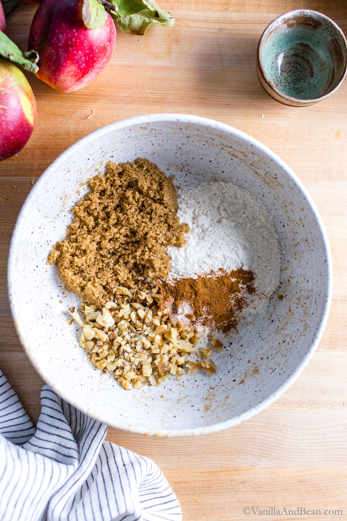 Dry ingredients for a crumble in a bowl.